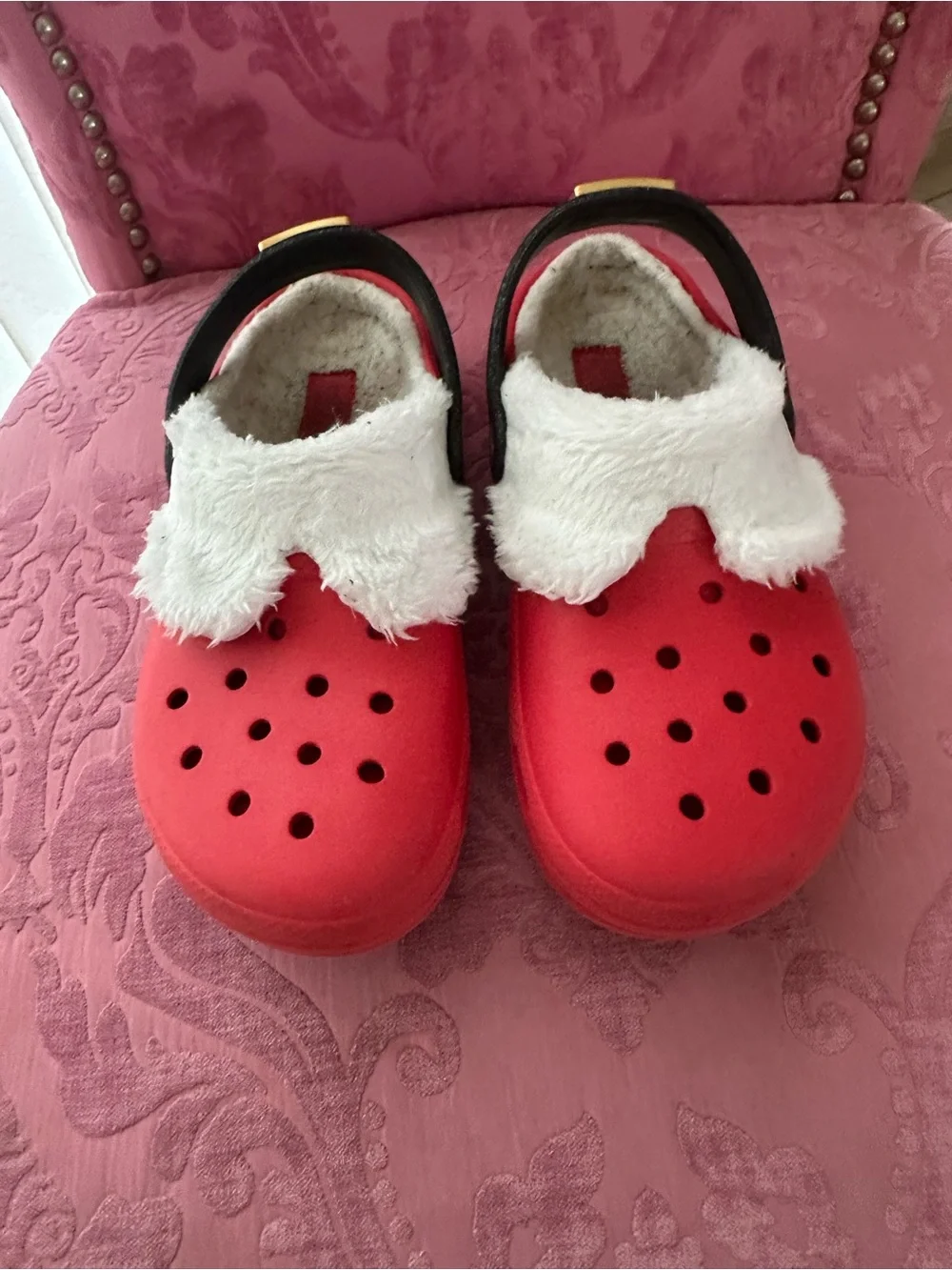 Santa Crocs size Junior 3 Kids Red Festive Faux-Fur Clog Shoes with Buckle Strap